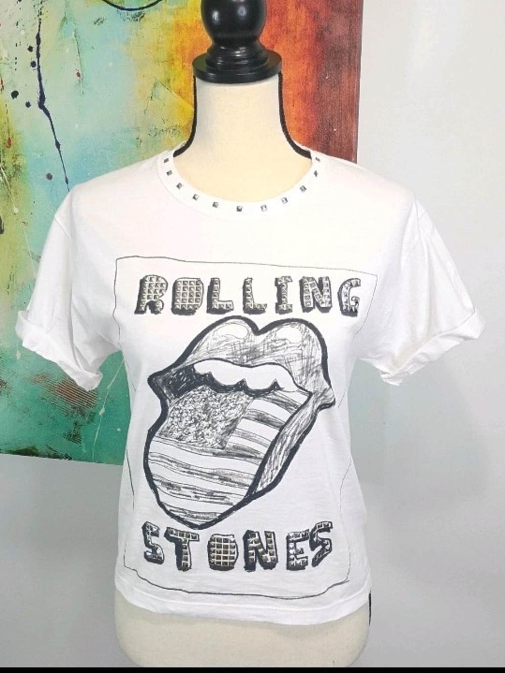 Alice + Olivia Berk Studded Rolling Stones Roll Cuff Graphic Tee -